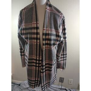 Anthropology Sioni Long Cardigan Sweater Black Red Plaid Sz L Preppy
